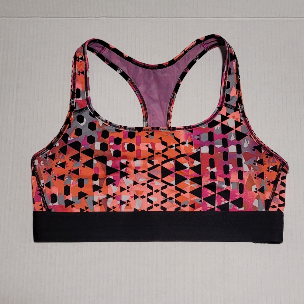 Large ~ Geometric Print Sports Bra - Pink Orange Black